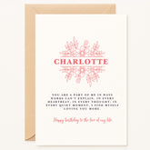 Personalized "Love of My Life" birthday card with "Charlotte" name inside a floral wreath, A5 size, perfect for a wife or girlfriend.